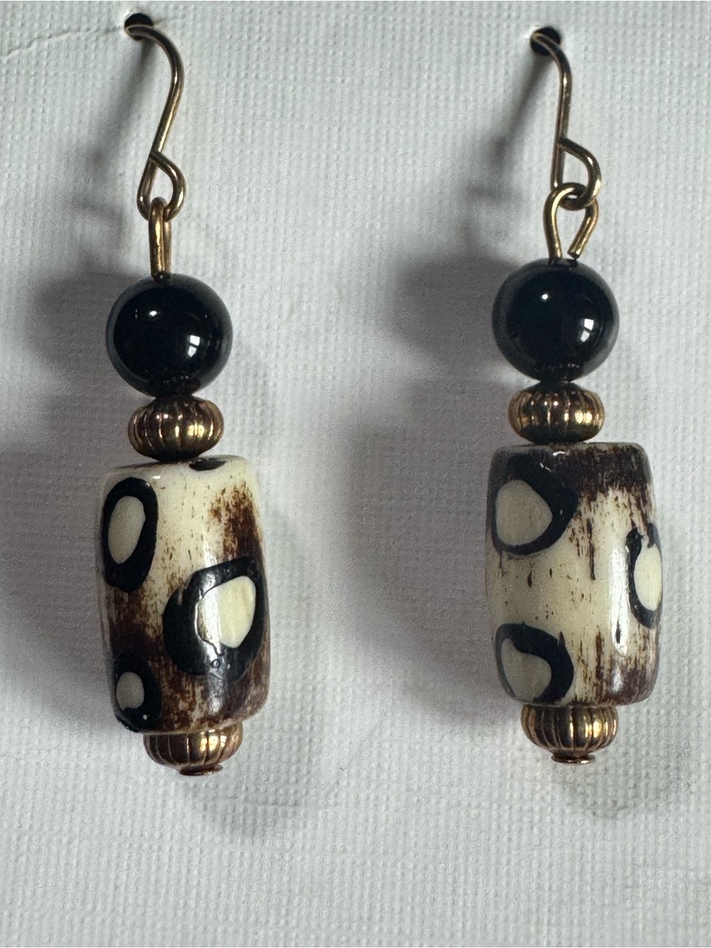 Artisan Black and Cream Bead Drop Earrings - Dzi Bead style